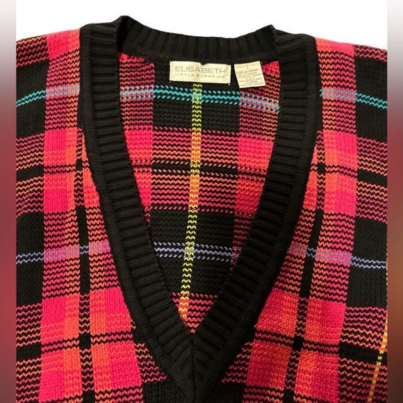 Bright Pink and Black Tartan V-neck Sweater - Picture 1 of 3